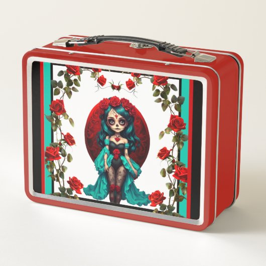 Aquamarine und Rote Rosen Zuckerschädel Metall Brotdose (Rückseite)