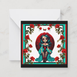 Aquamarine und Rote Rosen Zuckerschädel Mitteilungskarte