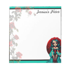 Aquamarine und Rote Rosen Zuckerschädel Notizblock