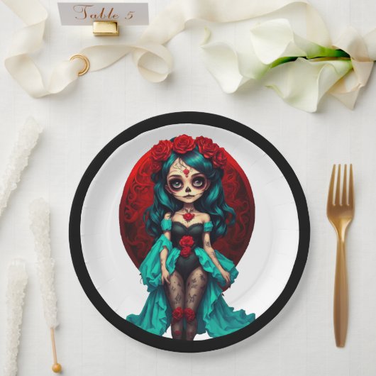 Aquamarine und Rote Rosen Zuckerschädel Pappteller (Hochzeit)