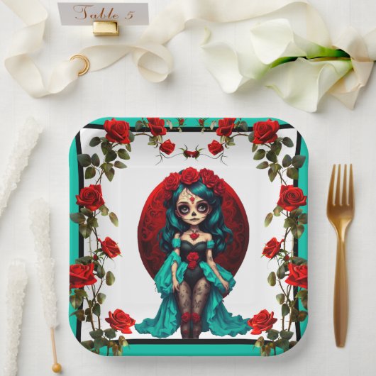 Aquamarine und Rote Rosen Zuckerschädel Pappteller (Hochzeit)