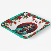 Aquamarine und Rote Rosen Zuckerschädel Pappteller (Gewinkelt)