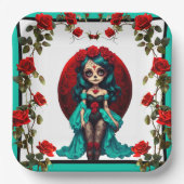 Aquamarine und Rote Rosen Zuckerschädel Pappteller (Vorderseite)