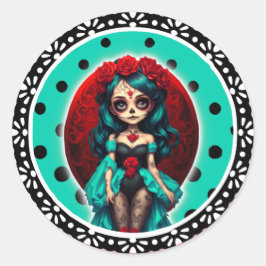 Aquamarine und Rote Rosen Zuckerschädel Runder Aufkleber