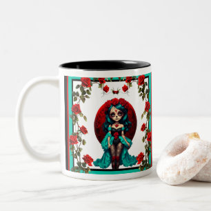 Aquamarine und Rote Rosen Zuckerschädel Zweifarbige Tasse