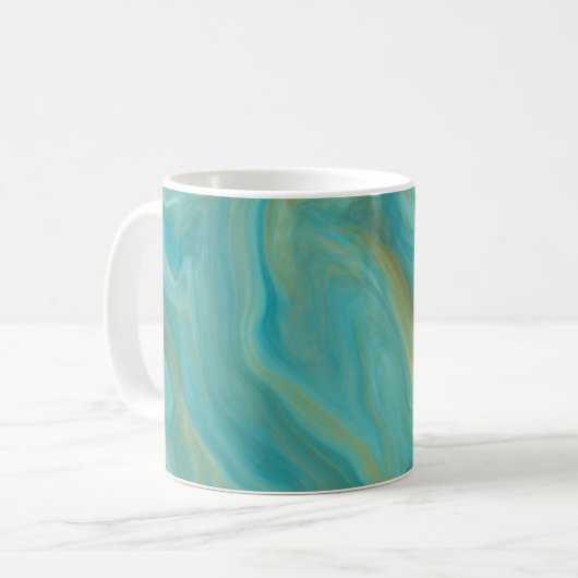 Aquamarine und Sandy Brown Wirbel Marmorskunst Kaffeetasse (Vorderseite Links)