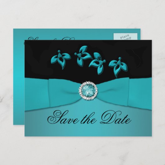Aquamarine und schwarz Save the Date Postkarte (Vorne/Hinten)