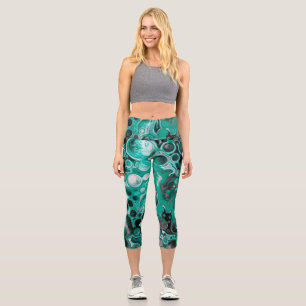 Aquamarine und schwarze Blasen Digitale Fluid Art  Capri Leggings