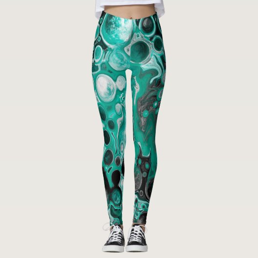 Aquamarine und schwarze Blasen Digitale Fluid Art  Leggings (Vorderseite)