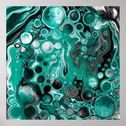 Aquamarine und schwarze Blasen Digitale Fluid Art  Poster (Vorne)