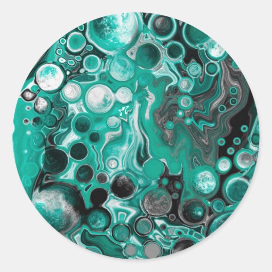 Aquamarine und schwarze Blasen Digitale Fluid Art  Runder Aufkleber (Vorderseite)