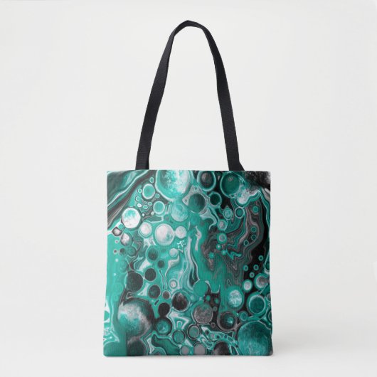 Aquamarine und schwarze Blasen Digitale Fluid Art Tasche (Vorderseite)