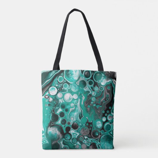 Aquamarine und schwarze Blasen Digitale Fluid Art Tasche (Rückseite)