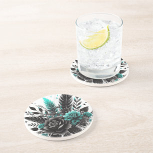 Aquamarine und schwarze Blumen Getränkeuntersetzer