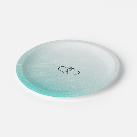 Aquamarine und schwarze Herzen Hochzeitspapier-Tel Pappteller (Schrägansicht)
