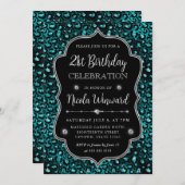 Aquamarine und schwarze Leoparden Glitzer Geburtst Einladung (Vorne/Hinten)