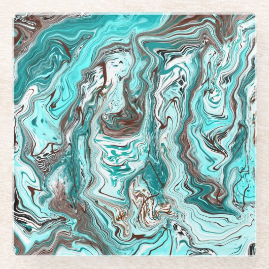 Aquamarine und schwarze Marmorflüssigkeit Kunst Glasuntersetzer (Vorderseite)