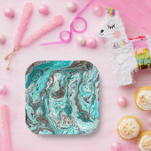 Aquamarine und schwarze Marmorflüssigkeit Kunst Pappteller (Party)