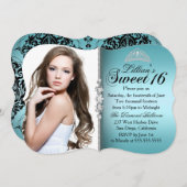 Aquamarine und schwarze Prinzessin Tiara Sweet 16 Einladung (Vorne/Hinten)