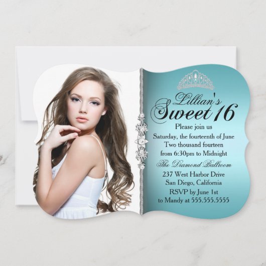 Aquamarine und schwarze Prinzessin Tiara Sweet 16  Einladung (Vorderseite)