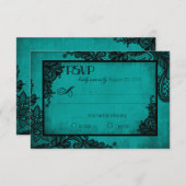 Aquamarine und schwarze Spitzen-Gothic-RSVP-Karte RSVP Karte (Vorne/Hinten)