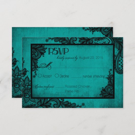Aquamarine und schwarze Spitzen-Gothic-RSVP-Karte RSVP Karte (Vorne/Hinten)