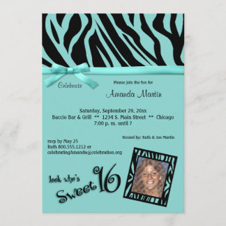 Aquamarine und schwarze Zebrastreifen Sweet 16 Par Einladung
