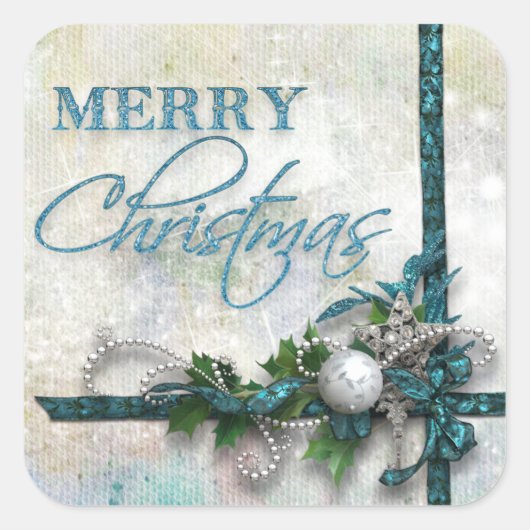 Aquamarine und silberne Freude an der Welt Quadratischer Aufkleber (Vorderseite)