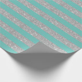 Aquamarine und silberne Glitzer Streifen Geschenkpapier (Ecke)