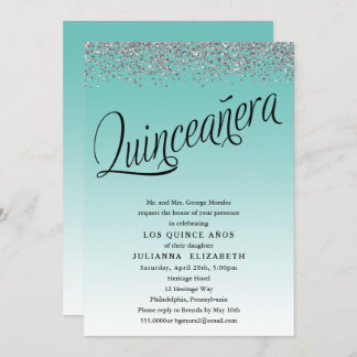 Aquamarine und silberne Quinceanera Geburtstagsein Einladung