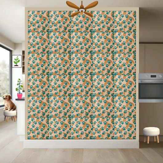 Aquamarine und Tan Paw Print Pattern Tile Fliese