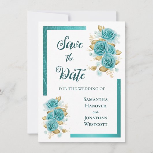 Aquamarine und türkisfarbene Rose Save the Date El (Vorderseite)