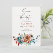 Aquamarine und verbrannte Orange Hochzeit Speicher Einladung (Stehend Vorderseite)