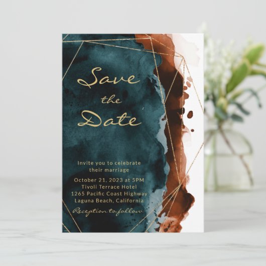 Aquamarine und verbrannte Orange-Wasserfarbe Save Save The Date (Stehend Vorderseite)