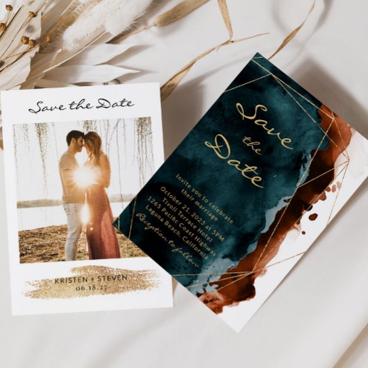 Aquamarine und verbrannte Orange-Wasserfarbe Save  The Date