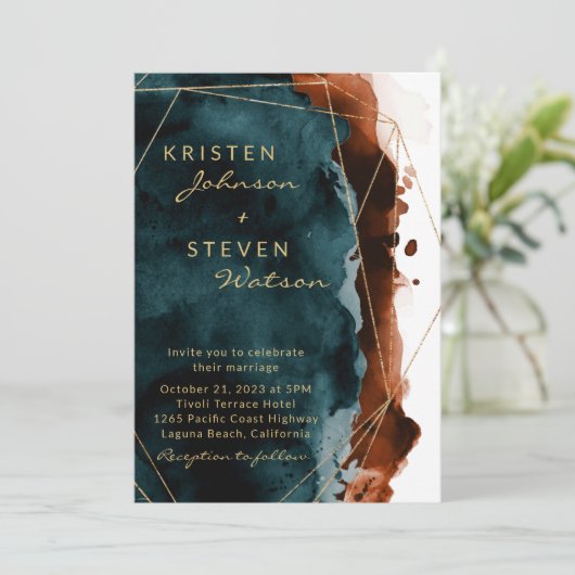 Aquamarine und verbrannte Orangefarbene Hochzeit Einladung (Stehend Vorderseite)