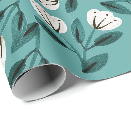 Aquamarine und weiße Blumen Geschenkpapier (Rolleneckpunkt)