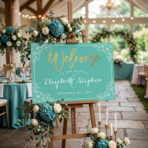 Aquamarine und weiße Blumenhochzeit Begrüßungszeic