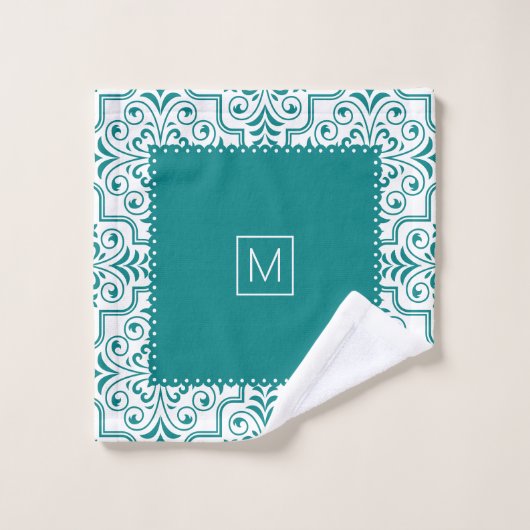 Aquamarine und weiße Damastmuster, gerollte Ränder Badhandtuch Set (Waschlappen)