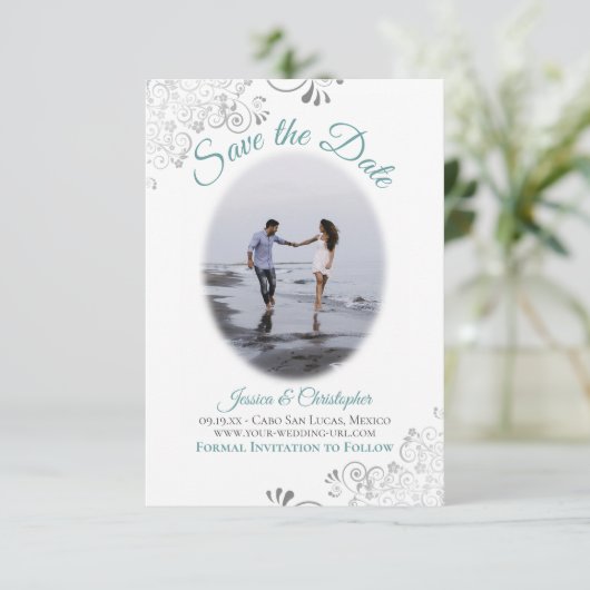 Aquamarine und weiße Elegante Hochzeit Oval Foto Save The Date (Stehend Vorderseite)