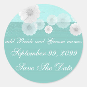 Aquamarine und weiße, florale Save the Date Erinne Runder Aufkleber