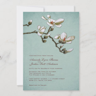 Aquamarine und weiße Magnolia Hochzeit Einladung