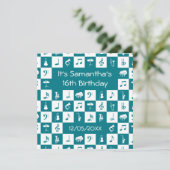 Aquamarine und weiße Musiknoten und Instrumente Einladung (Stehend Vorderseite)