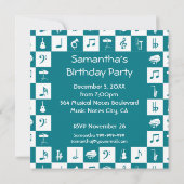 Aquamarine und weiße Musiknoten und Instrumente Einladung (Rückseite)