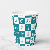 Aquamarine und weiße Musiknoten und Instrumente Pappbecher (Rückseite)