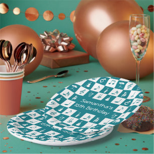 Aquamarine und weiße Musiknoten und Instrumente Pappteller