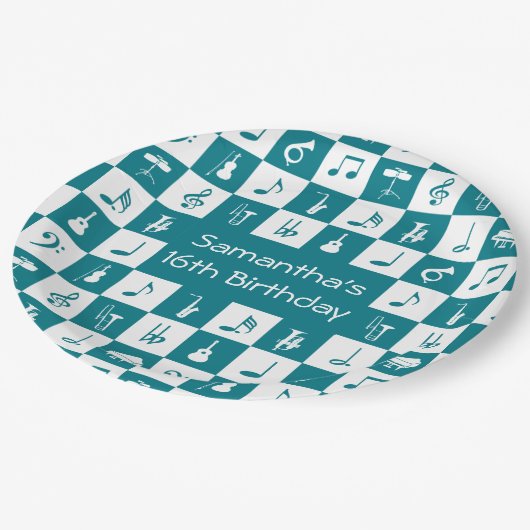 Aquamarine und weiße Musiknoten und Instrumente Pappteller (Schrägansicht)