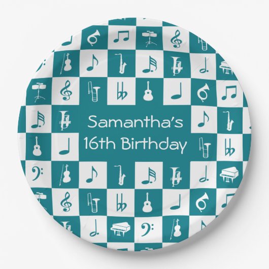 Aquamarine und weiße Musiknoten und Instrumente Pappteller (Vorderseite)