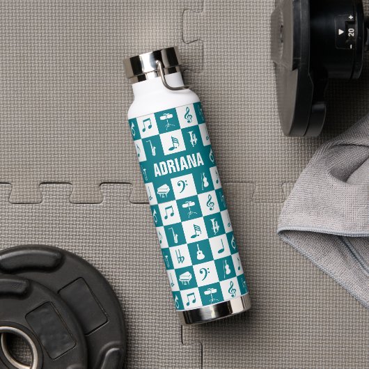 Aquamarine und weiße Musiknoten und Instrumente Trinkflasche (Fitnessstudio)
