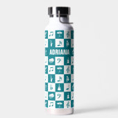 Aquamarine und weiße Musiknoten und Instrumente Trinkflasche (Links)